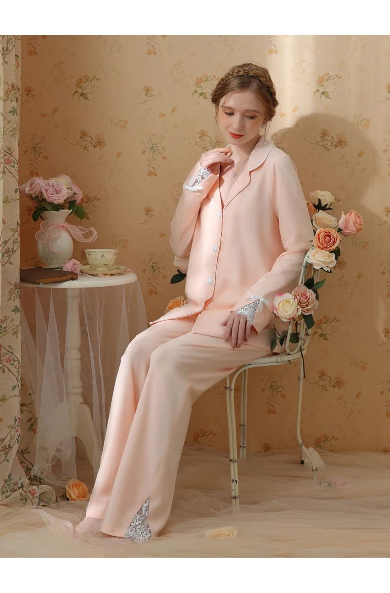 芙拉迪春秋高级薄款针织棉长袖纯色女士家居套装