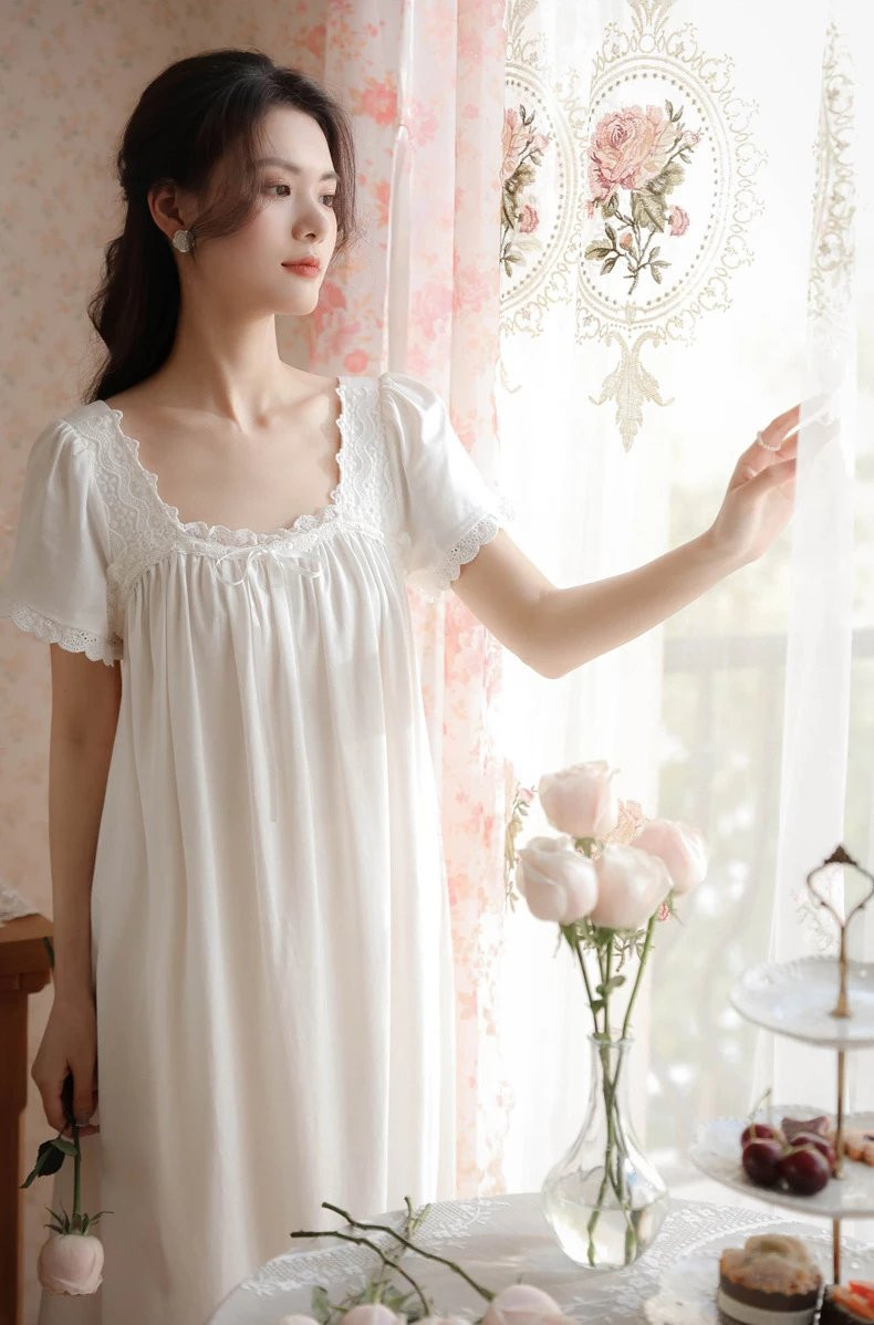 芙拉迪 夏季长款法式复古公主风蕾丝短袖棉质女士睡裙 M