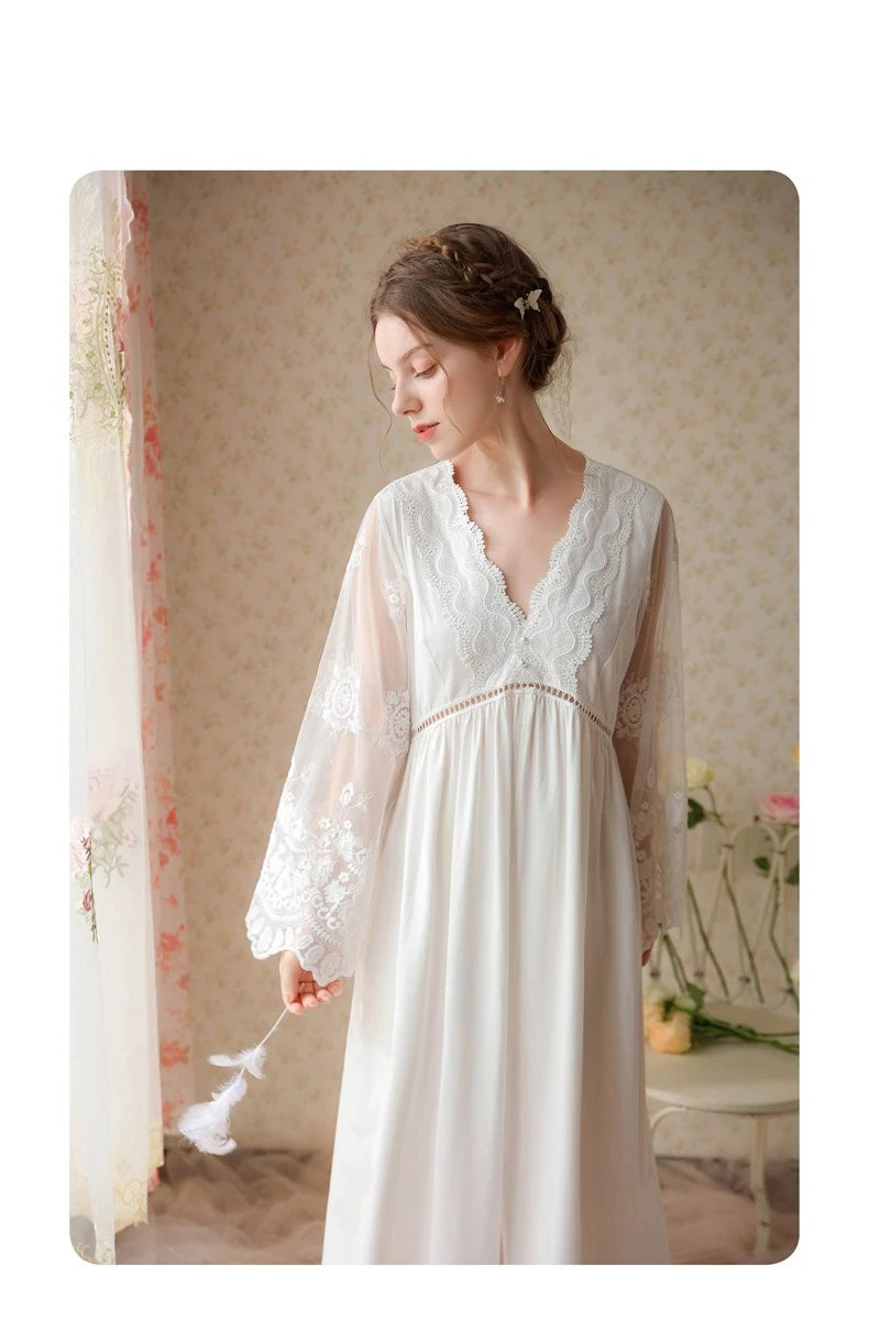 芙拉迪春夏法式高级感蕾丝刺绣长款棉质女士睡裙