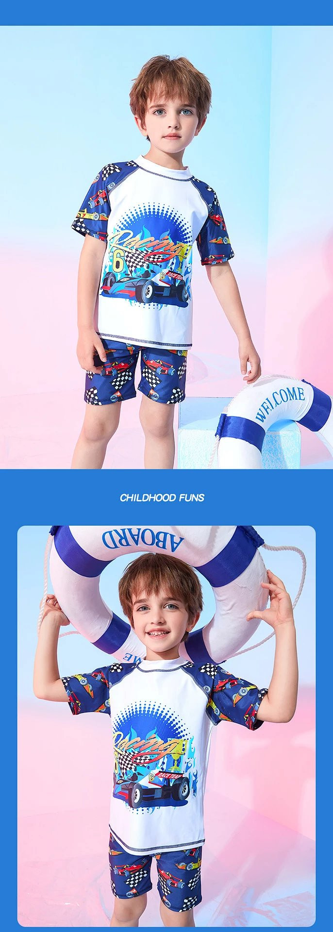 芙拉迪夏季游泳温泉卡通印花男童女童分体短袖泳衣