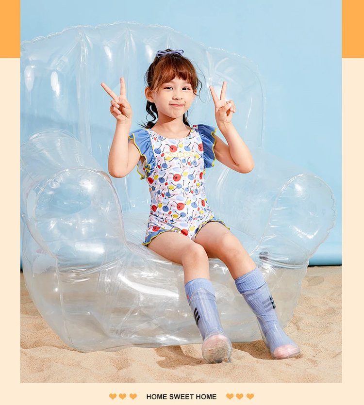 芙拉迪夏季海边泳池卡通印花荷叶边设计女童连体泳衣