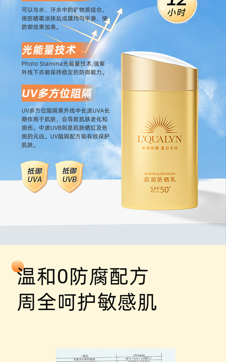 欧泉琳水感防晒乳 SPF50+ 60毫升 有效舒缓、稳定晒后肌肤，避免因日晒引起的泛红