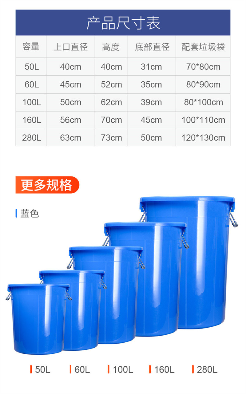 洛港 大号圆形垃圾桶户外环卫工业大容量家商用厨房加厚带盖塑料收纳桶/个