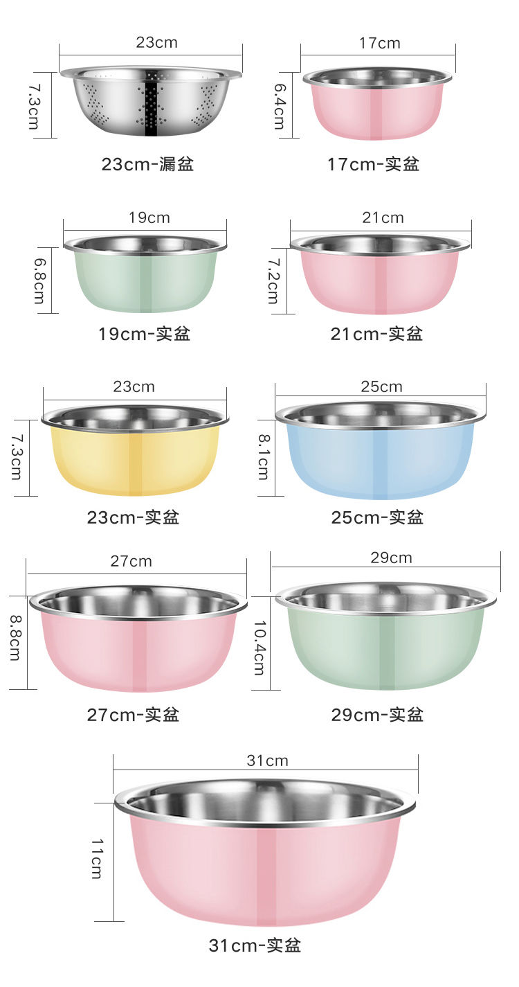 【不锈钢盆五件】圆形加厚厨房打蛋和面洗菜盆家用脸盆彩色汤盆子