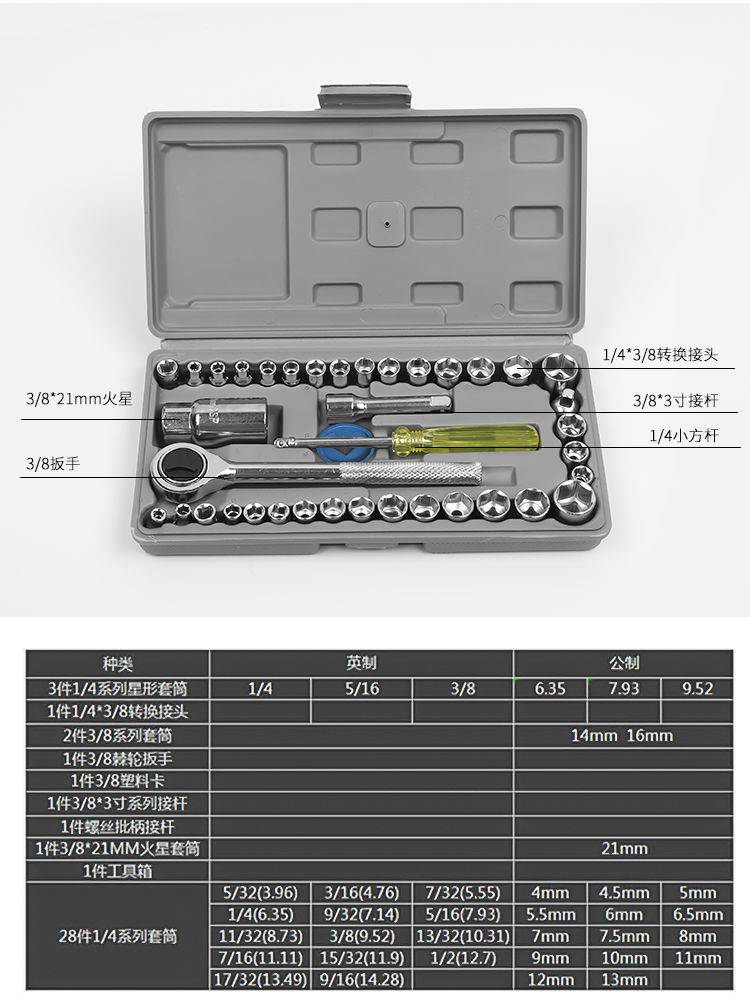 40件套工具套筒扳手棘轮扳手内六角组合套装汽车摩托车维修工具