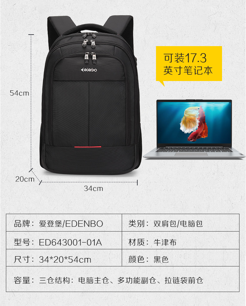 爱登堡 商务休闲双肩包 ED643001-01A 黑色