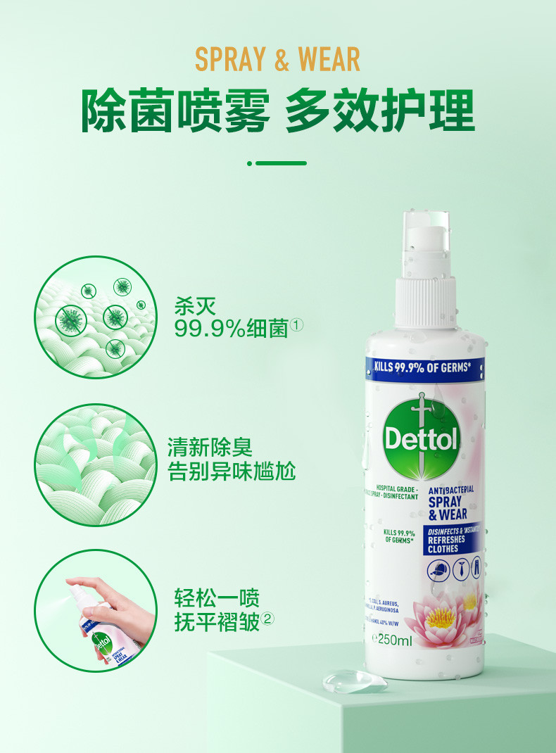 滴露/Dettol 衣物多效护理喷雾快速去味持续清新减少褶皱杀菌99.9% 250ml