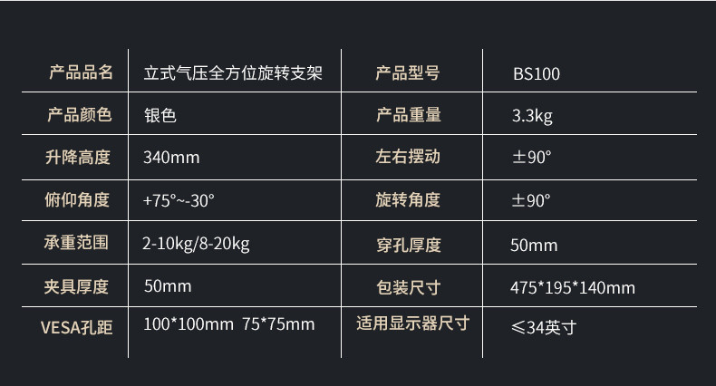 慧想（Thinkwise） 显示器支架/万向旋转可升降/台式可穿孔、夹具固定/BS100