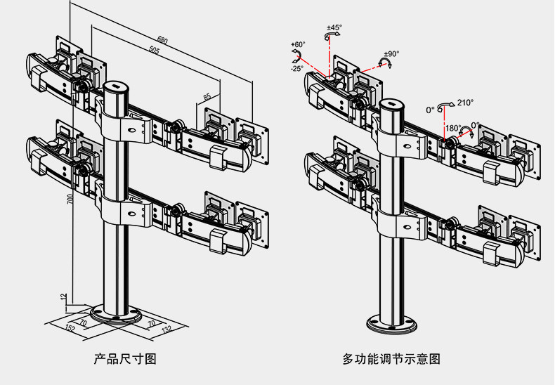 慧想（Thinkwise） 显示器支架/万向旋转升降/台式桌面钻孔固定/立柱款上下左右四屏/L400