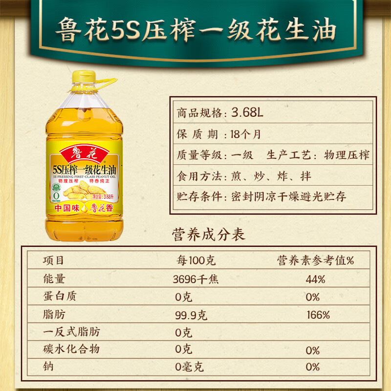 鲁花 5S压榨一级花生油3.68L