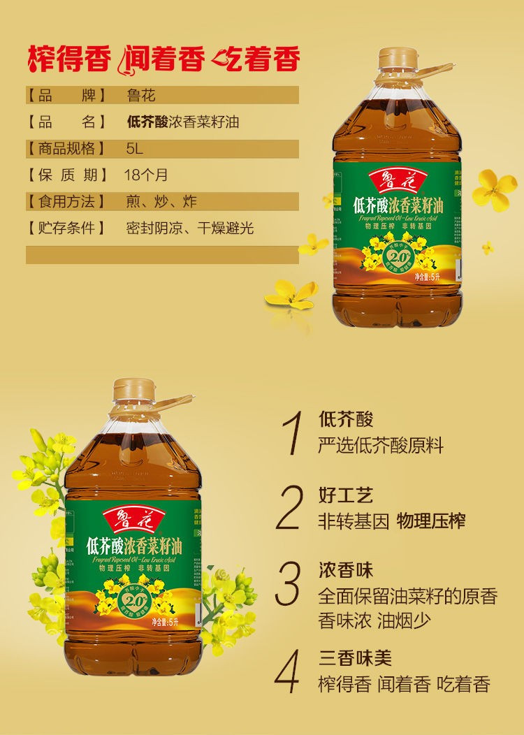 鲁花 低芥酸浓香菜籽油5L-新款（24年12月14日到期） 1桶