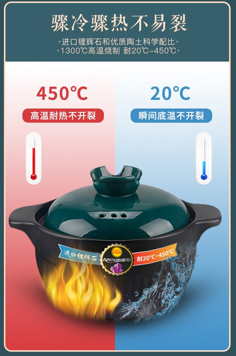荣事达亚摩斯2.5L陶瓷煲养生煲陶瓷砂锅汤锅炖锅明火电陶炉燃气灶使用（不带电）TCB25ZB