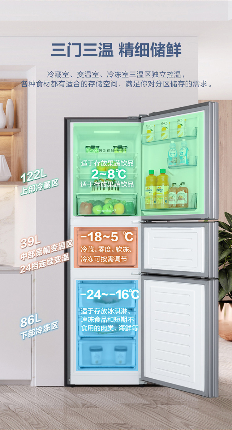 美的(Midea)家用电冰箱247升三门风冷小电冰箱BCD-247WTM(E)智能家电
