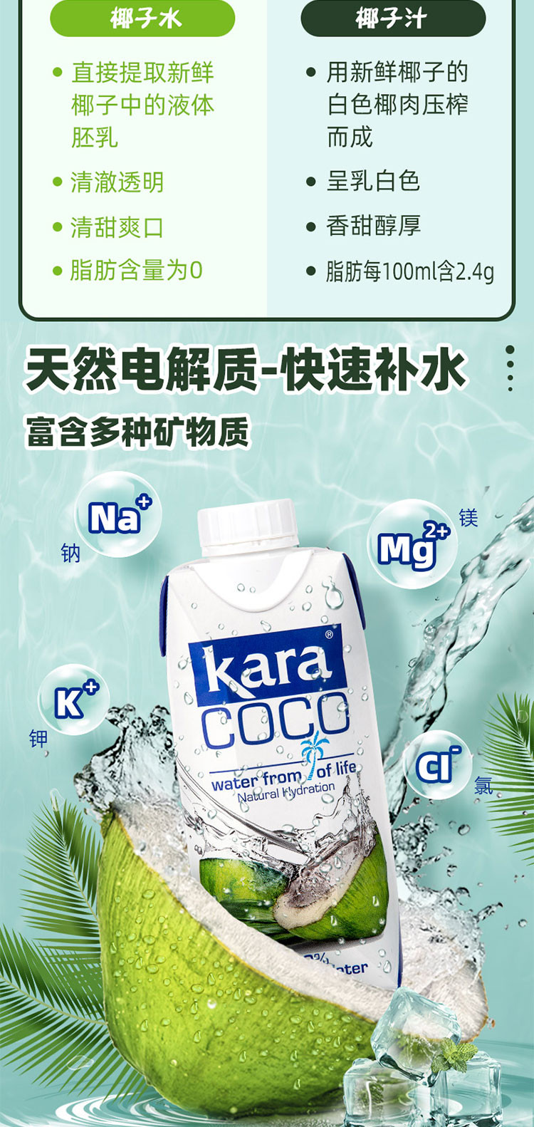 【印尼进口】KARA 100%椰子水330ml*12瓶整箱0脂低卡清甜无添加