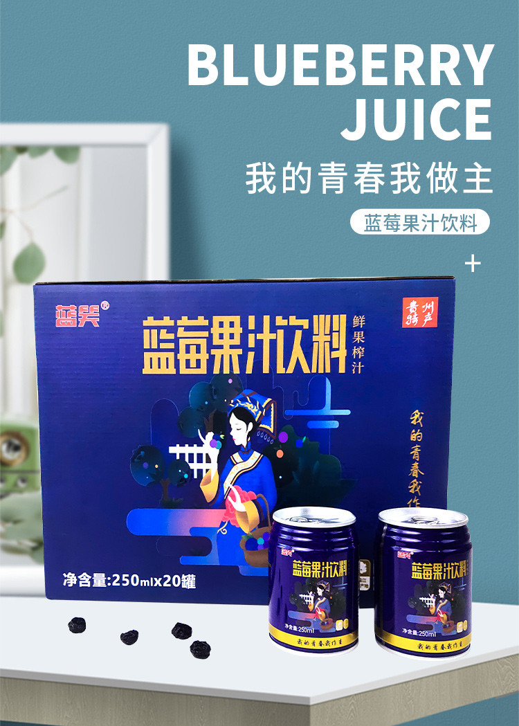蓝笑蓝莓果汁饮料蓝瓶灌装鲜榨果汁夏季饮品250ml*20罐贵州特产
