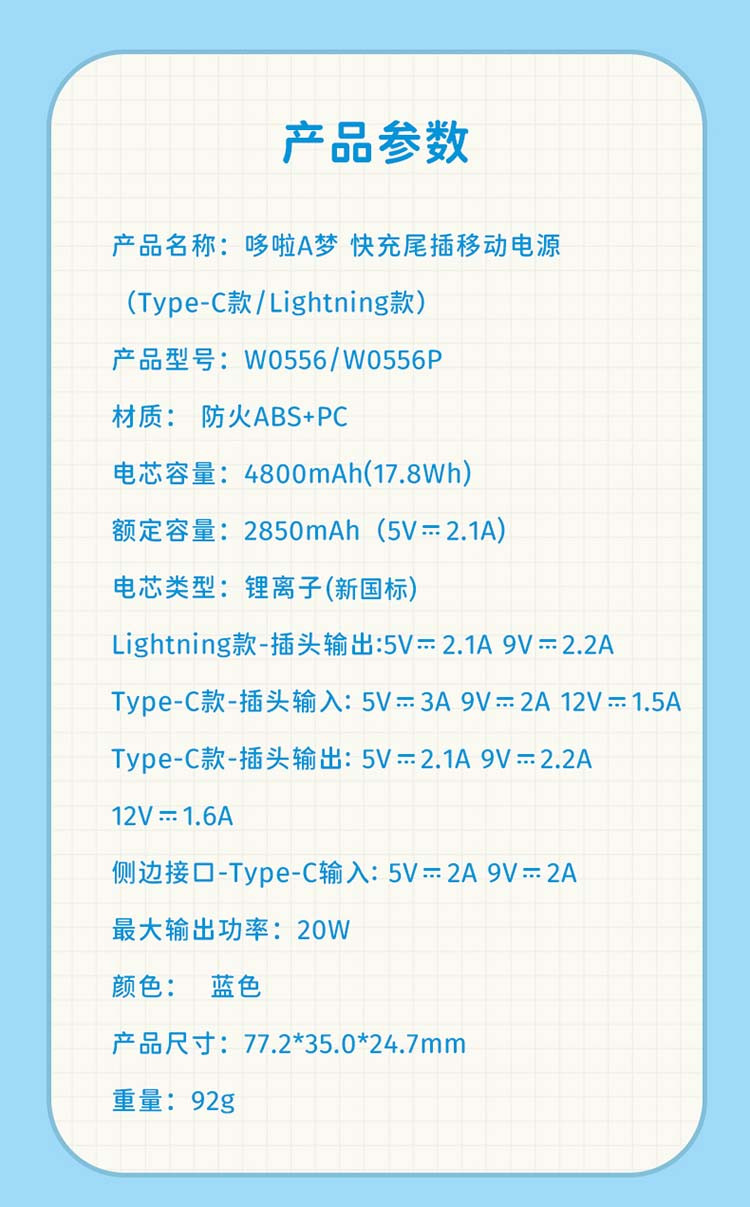 洛克 哆啦A梦 记忆面包快充移动电源4800mah