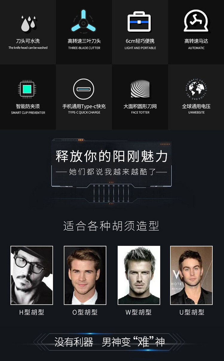 上亨 电动剃须刀男士便捷式迷你刮胡刀水洗充电式智能旅行学生成人胡须刀爸爸父亲礼物 SHZH-001