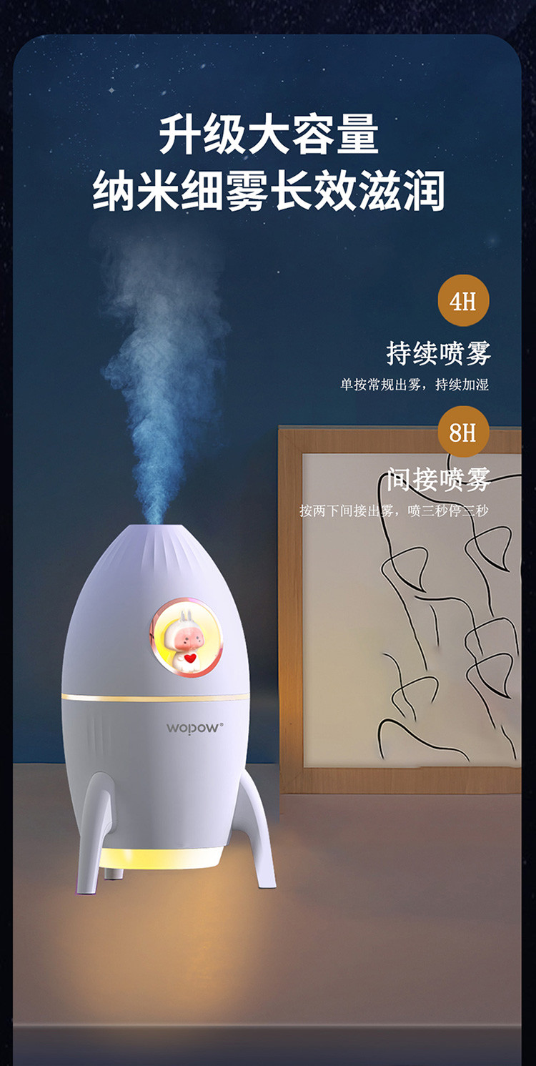 沃品（WOPOW）HM11火箭兔加湿器迷你卧室办公桌面创意轻音小型空气氛围灯加湿器