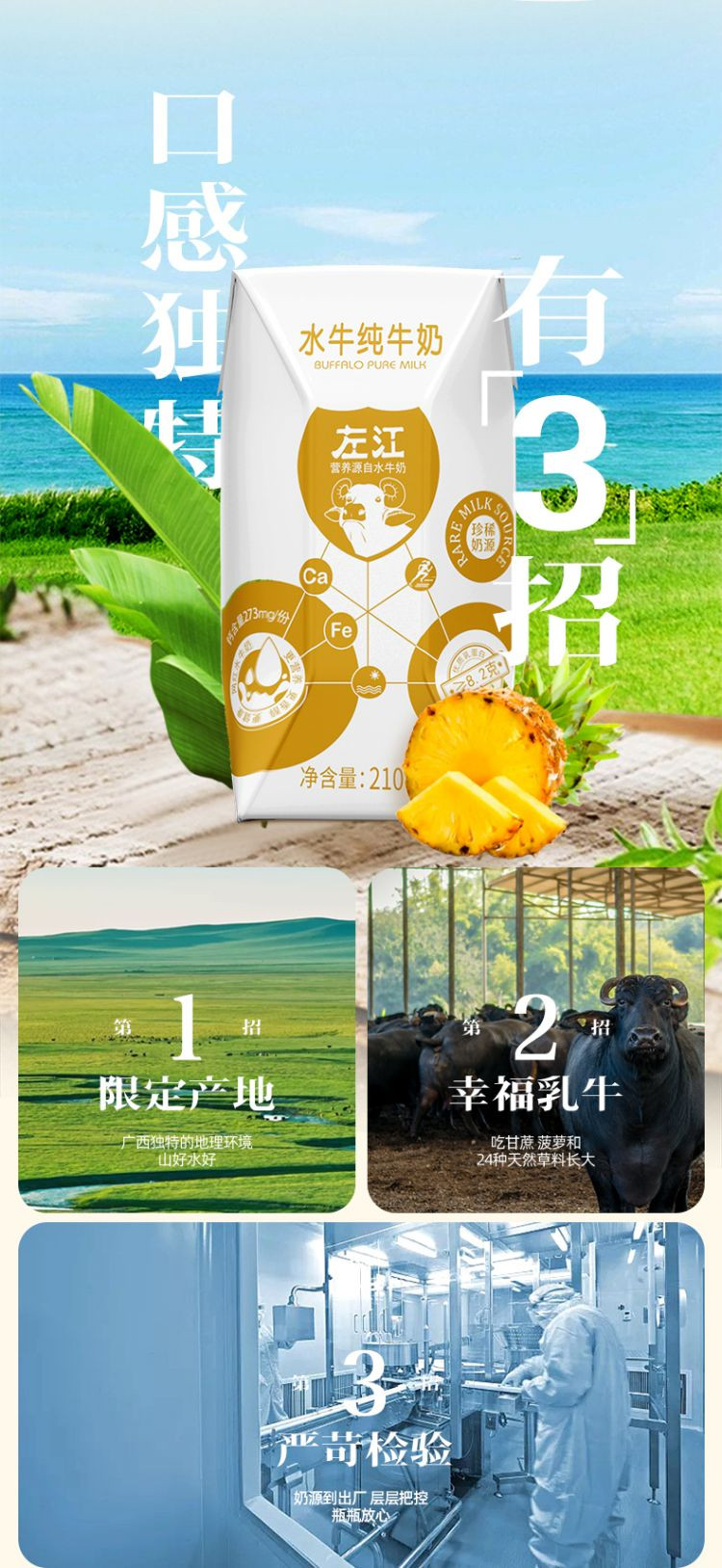  左江 水牛纯牛奶 210ml*10盒/箱 真正做到配料表干净 无添加