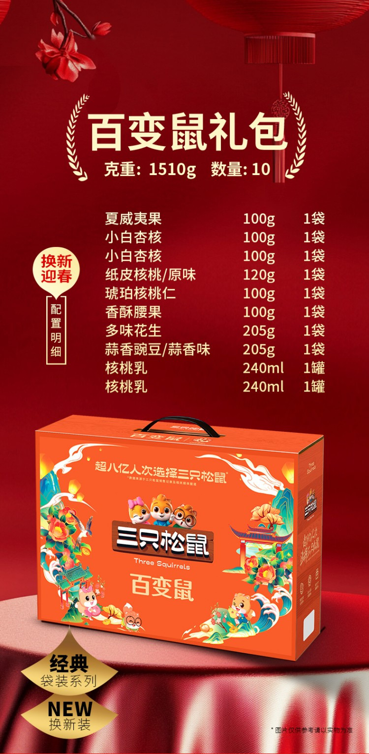 三只松鼠 百变鼠礼包 新年礼盒1510g 坚果炒货 10袋8种口味