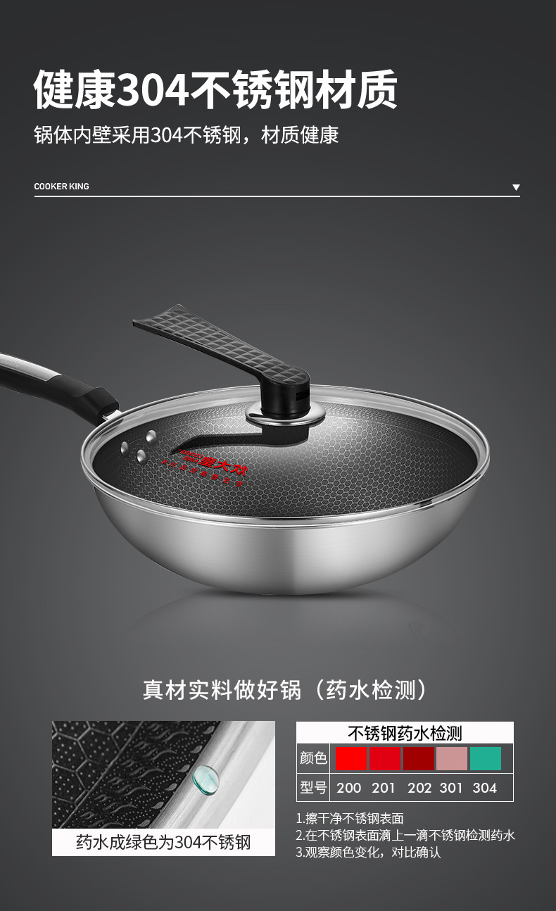 炊大皇/COOKER KING 炊大皇炒锅 304不锈钢多层钢蜂窝纹不粘锅CG32XQ