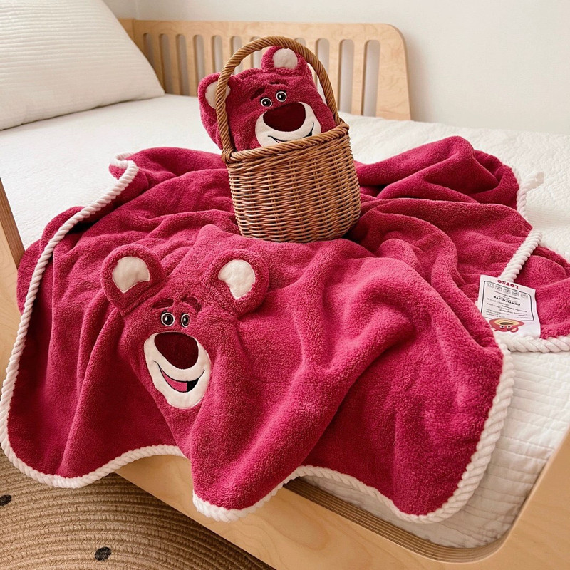 草莓熊浴巾毛巾两件套儿童卡通刺绣夏季小盖被柔软吸水速干沙滩巾