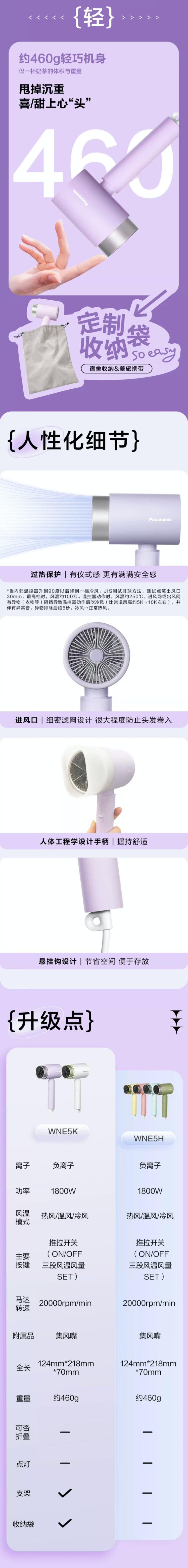 松下/PANASONIC 吹风机1800w 速干负离子电吹风EH-WNE5K 紫色