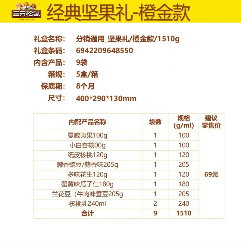 三只松鼠 坚果礼/橙金款/1510g