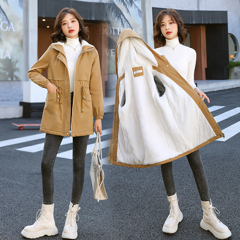  法米姿 羊羔绒风衣女中长款新款冬季韩版休闲洋气加绒棉服厚外套