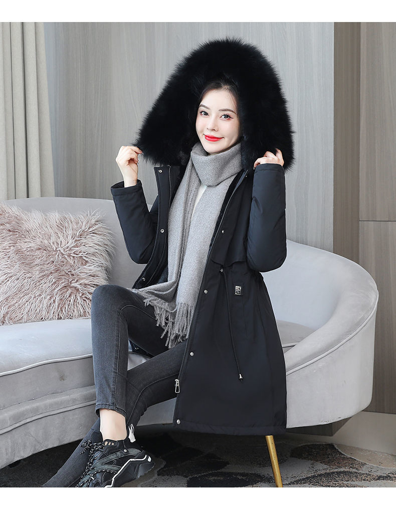 法米姿 派克服女中长款韩版加绒加厚新款冬季棉服大毛领外套