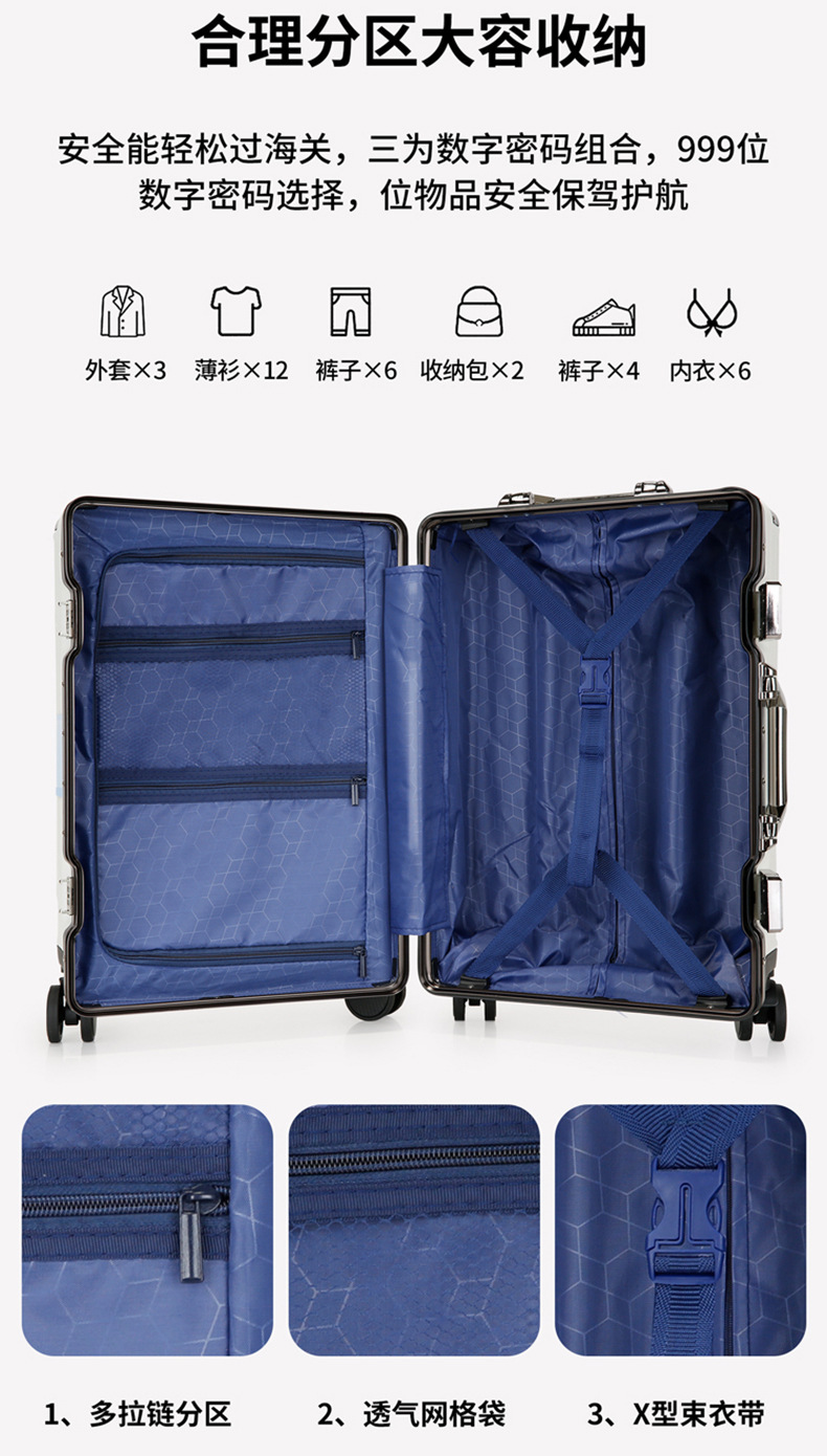 新益美 新品行李箱铝框密码箱女20寸拉杆箱旅行皮箱子男24