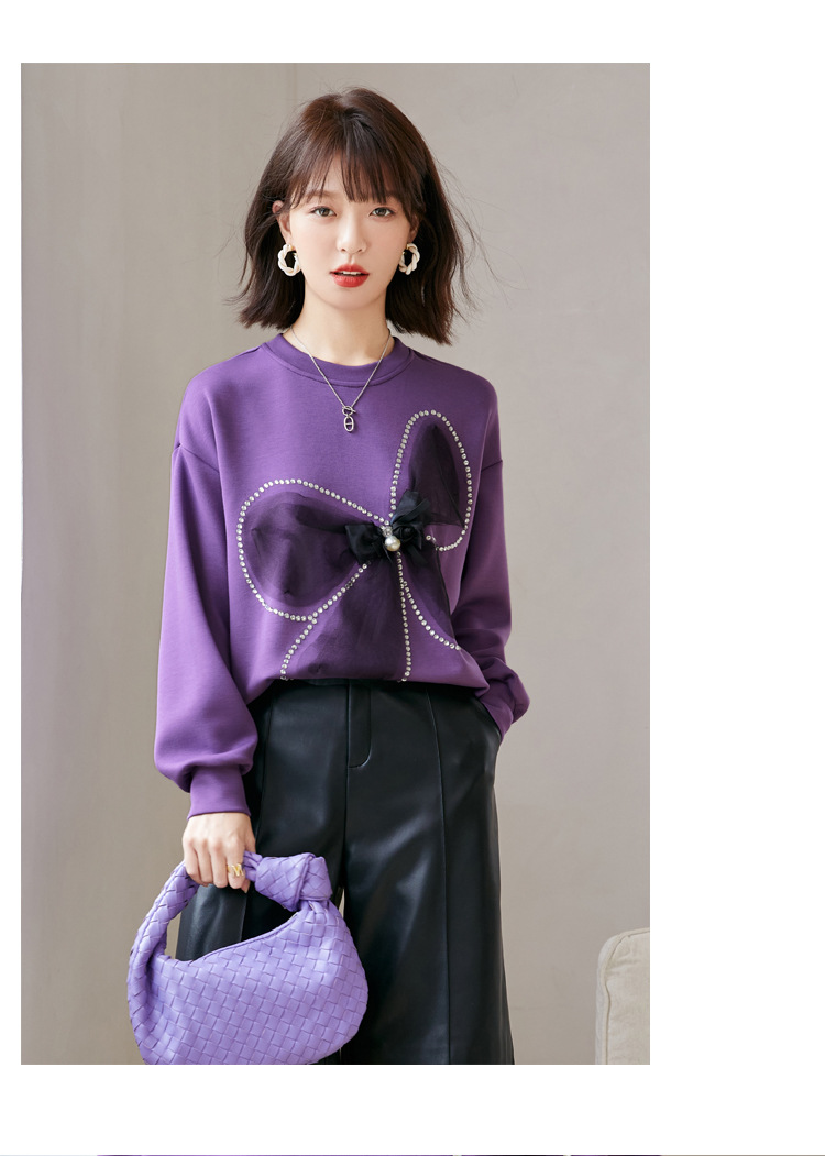  法米姿 紫色圆领重工烫钻宽松卫衣网纱蝴蝶结设计感
