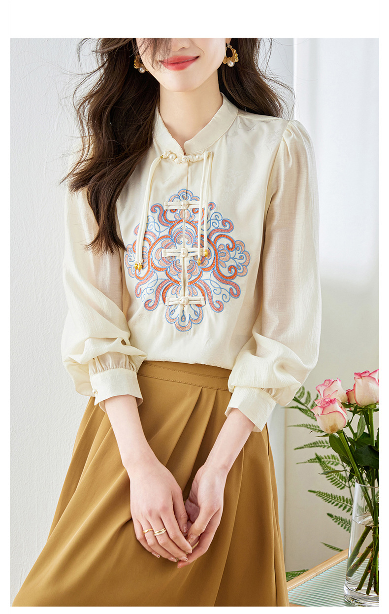  法米姿 新中式国风刺绣长袖衬衫春装高级感复古气质盘扣打底上衣