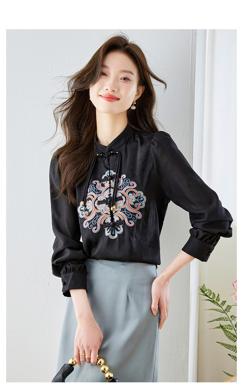  法米姿 新中式国风刺绣长袖衬衫春装高级感复古气质盘扣打底上衣