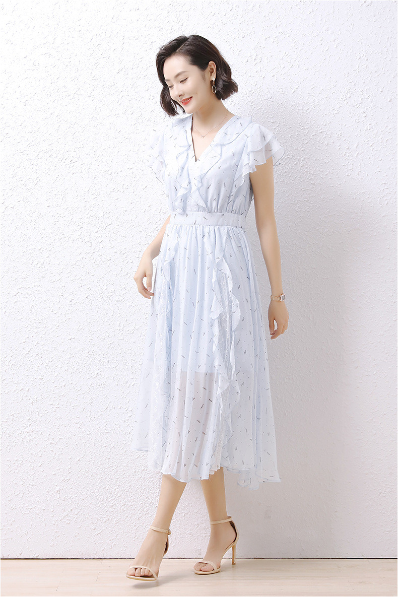 法米姿 蓝色气质蕾丝雪纺连衣裙女夏新款设计感小众荷叶边中长裙