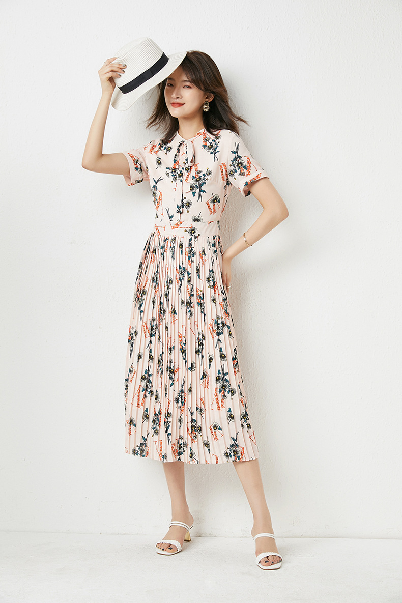 法米姿 夏季新款印花连衣裙飘带百褶中长款气质优雅连衣裙