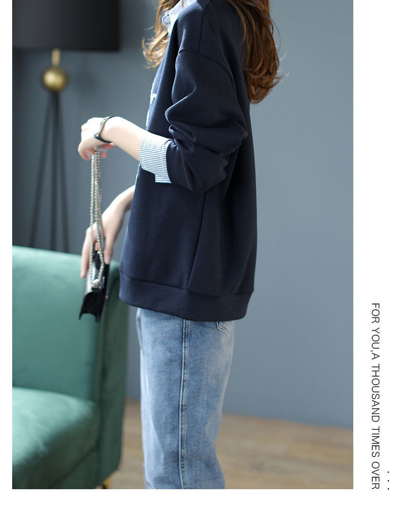  法米姿 新款韩版女装宽松POLO领拼接上衣烫钻长袖棉质假两件卫衣