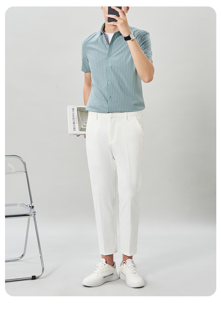 法米姿 条纹衬衫男短袖高级感时尚男士夏天新韩版潮流白色九分裤