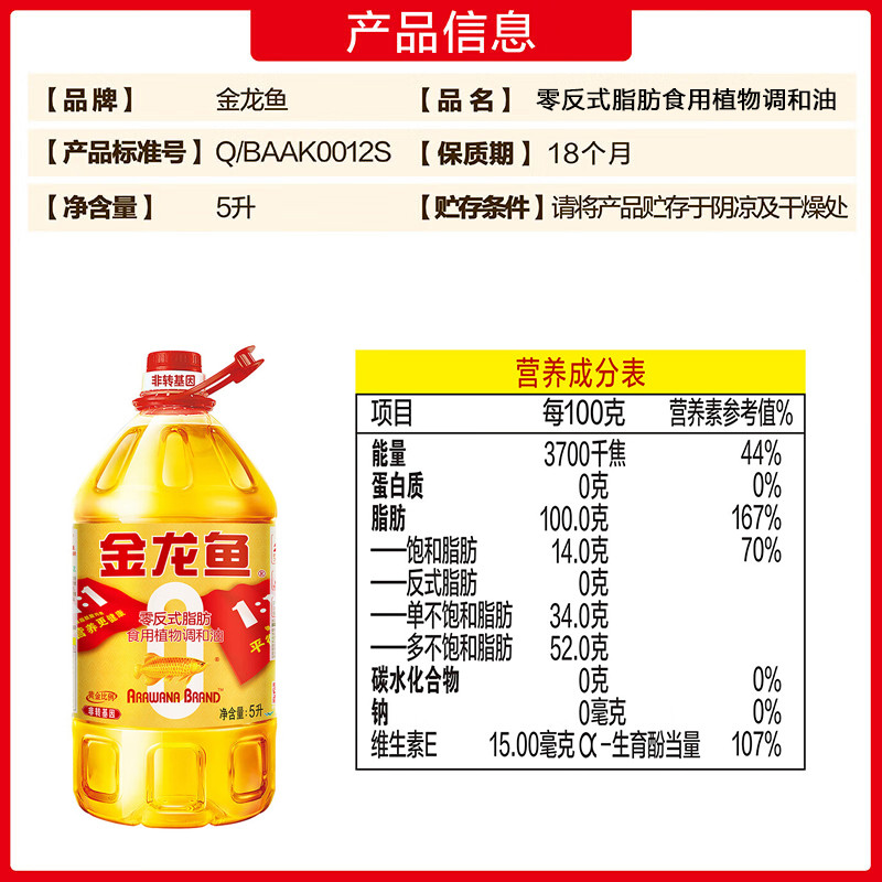 金龙鱼 食用油 非转基因 零反式脂肪食用植物调和油