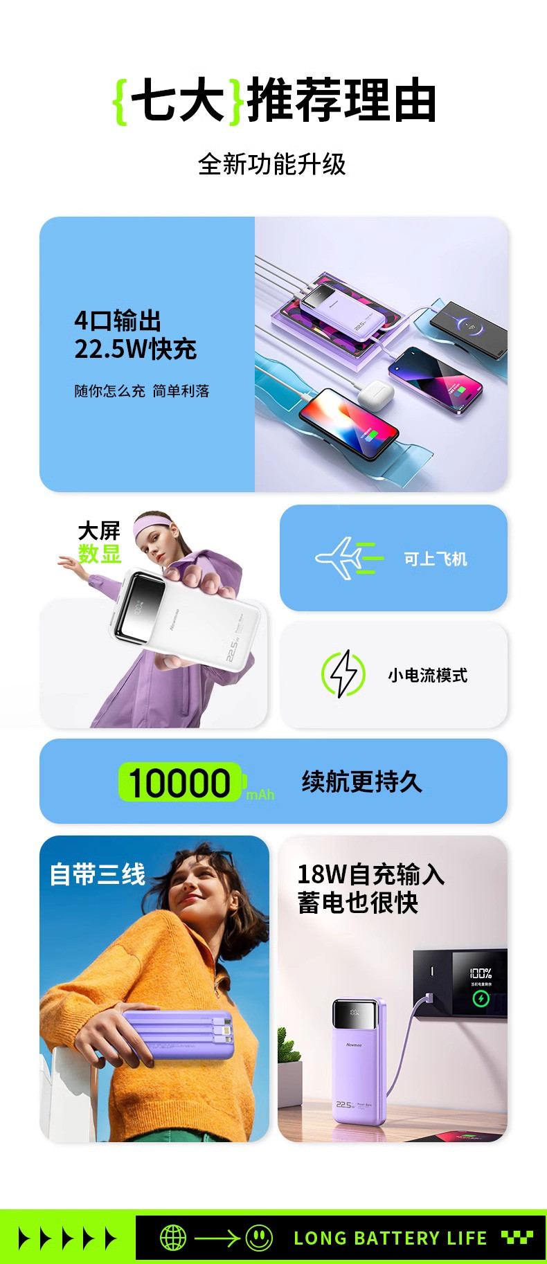 纽曼（Newmine） AL21自带线22.5W超级快充移动电源10000毫安充电宝