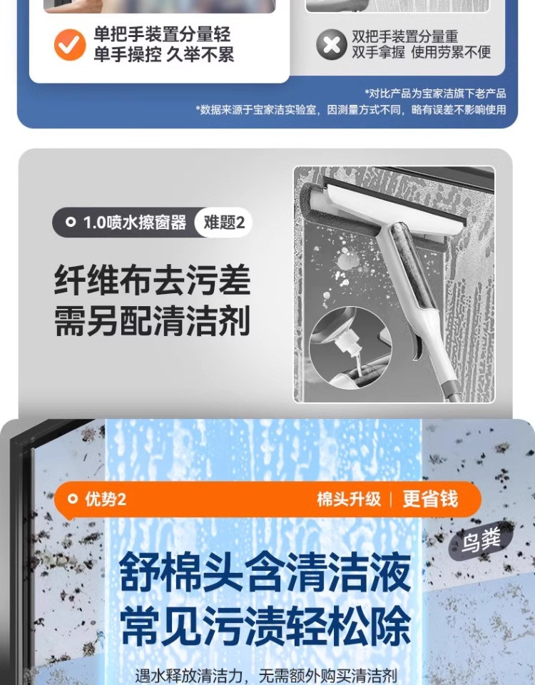 宝家洁 自带喷水壶33cm喷雾玻璃擦窗器