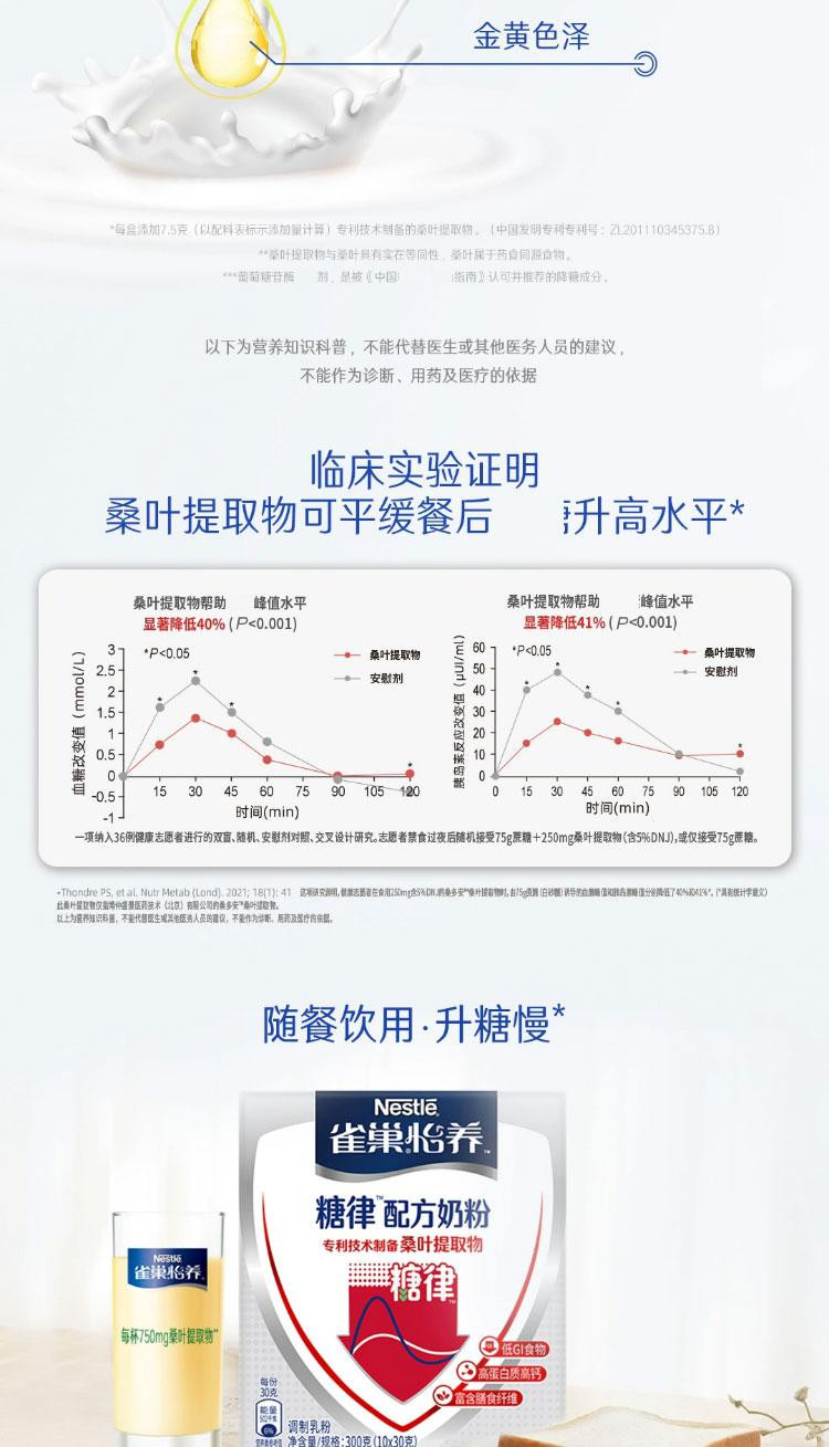 雀巢 怡养糖律配方奶粉营养配方富含蛋白质多种维生素300g/盒装