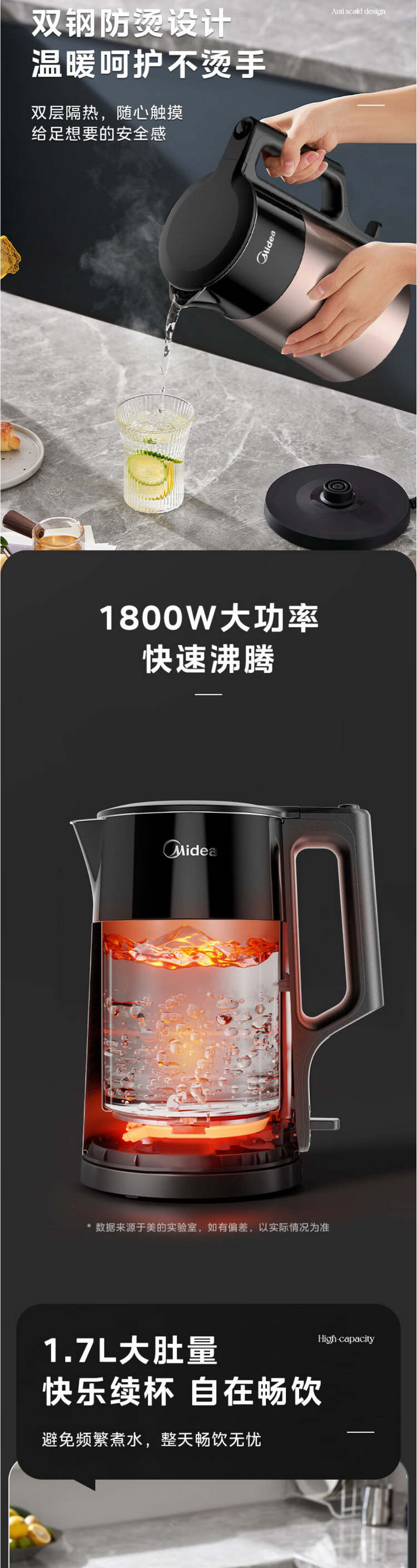 美的/MIDEA 电水壶1.7L双层防烫防干烧不锈钢大功率MK-HJ1710