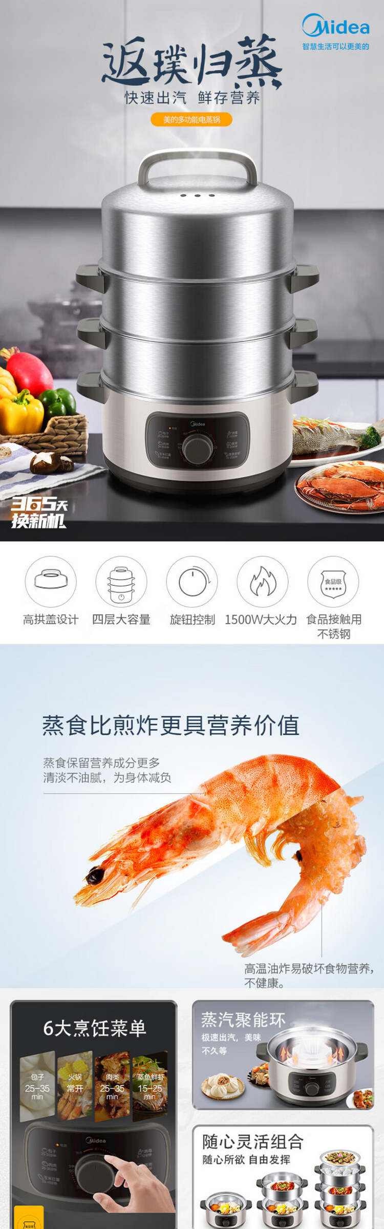 美的/MIDEA 电蒸锅电煮锅分离式304不锈钢15.8L机械 ZGC2801