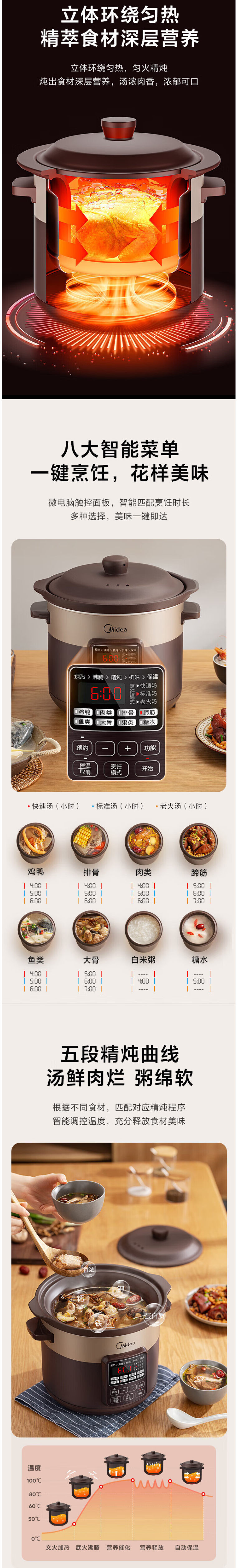 美的/MIDEA 电炖锅紫砂内胆 家用智能预约保温养生锅MD-WTGS401