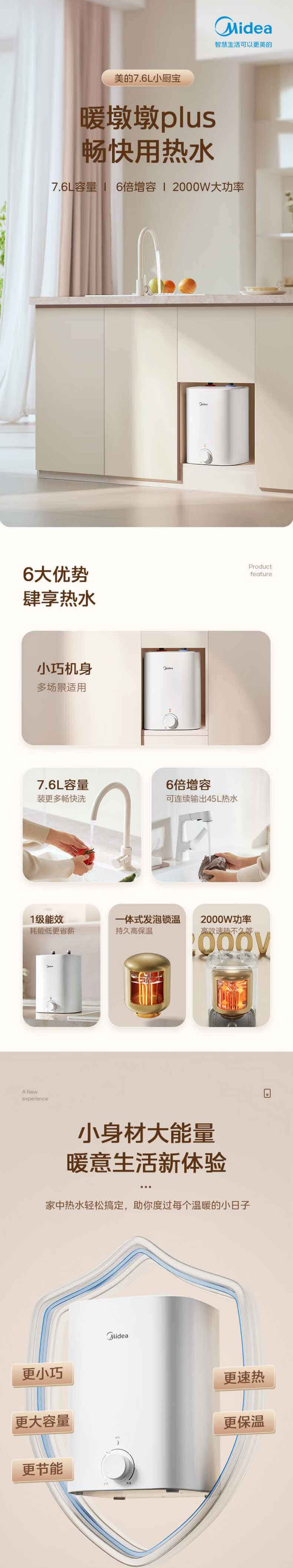 美的/MIDEA 迷你电热水器2000W连续出水45升F7.6-20CB5(E