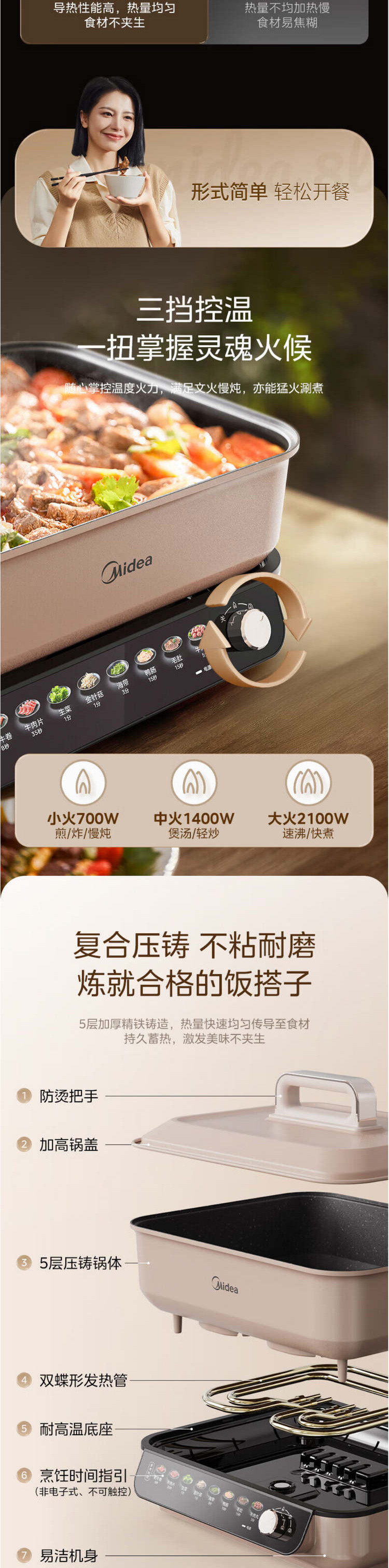 美的/MIDEA 电火锅速沸分体式火锅 多功能烤涮一体两用锅HGS382702