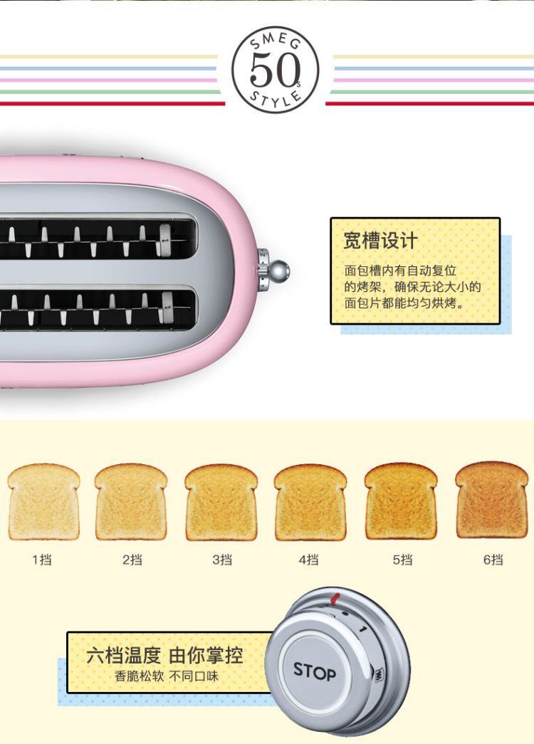 SMEG 意大利复古烤面包机四片式 多士炉三文治吐司机大容量不锈钢家用