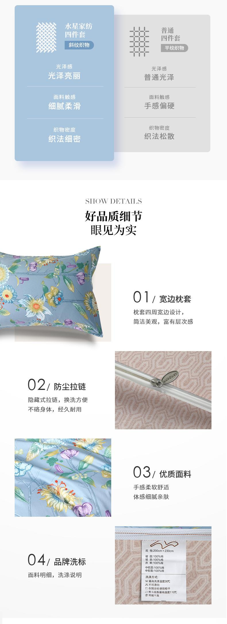 水星家纺/MERCURY 全棉时尚印花四件套 纯棉抗菌四件套 新品 DH暮日轻语