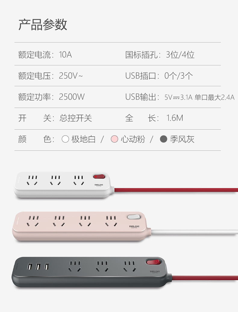 德力西电气 遇见系列延长线插座(带电源适配器）三位五孔+3USB心动粉